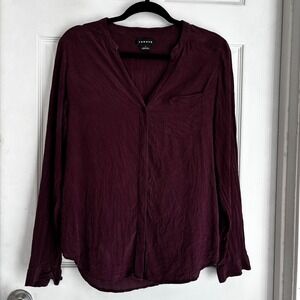 TROUVE Burgundy Silk Small V Neck Long Sleeve Button Front Shirt‎ Top Women